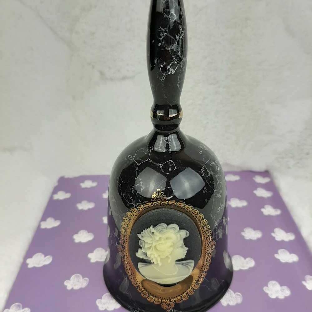 Vintage Ceramic Porcelain Black Marble Bell with Lady Accents